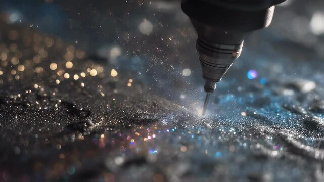 Precision robotic arm performing delicate surface restoration through cold spray technique. Generating metallic flakes cascade with intricate mechanical illumination against dark industrial backdrop