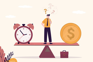 Difficulty decision, time or profit, balancing save time or earning money choice. Time value of money. Money management. Businessman thinking about work efficiency,