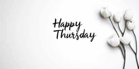 Happy Thursday Text with White Tulips on White Background