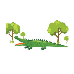 Green crocodile in african savanna landscape
