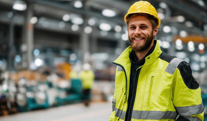 Smiling  European male worker wearing hard hat safety helmet and protective clothing at industrial warehouse. 