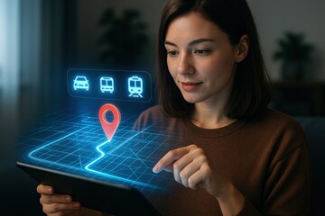 Woman Using Tablet With Interactive Navigation Map