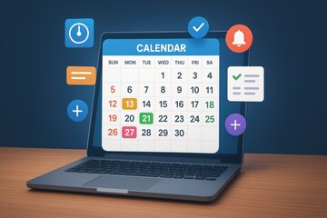 Laptop Displaying Digital Calendar With Interface Icons
