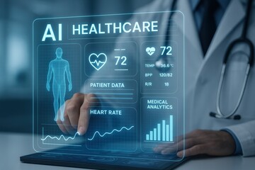 Doctor Interacting With AI Medical Analytics Dashboard