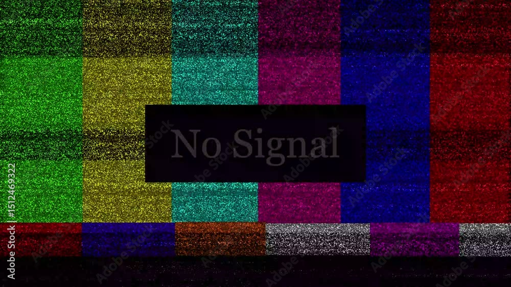 Poster retro television test screen displaying a no signal message with colorful noise and static in a clas