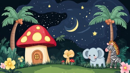 Nighttime jungle scene with animals and fungi