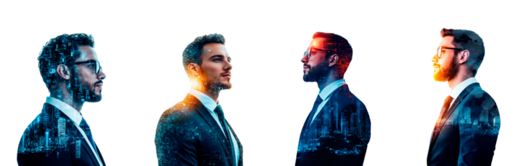 Set of Businessman Interwoven with Digital Circuitry Symbolizing Fusion of Human Ingenuity and Technological Advancement, PNG