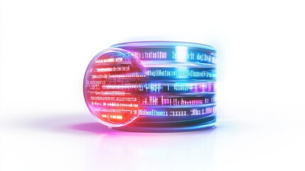 A sleek 3D holographic icon representing coding and programming, isolated on white background, featuring a symbol for coding languages. Modern, futuristic design.