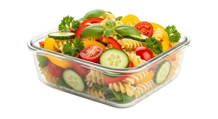 Pasta Salad with Fresh Vegetables in Glass Container Photo Transparent Background