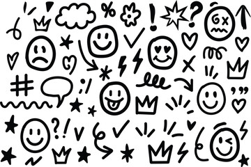 Hand Drawn Vector Doodle Elements Set – Brush, Scribble, Crayon, Ink, Chalk, Crown, Arrow