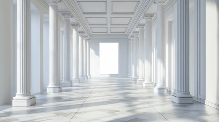 Naklejka premium Blank white poster on light wall in modern empty spacious gallery hall with huge columns and ceramic tiles floor. 3D rendering, mockup illustration , no logos, no brands