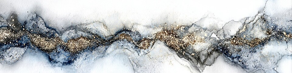 Abstract watercolor illustration featuring flowing waves of blue and gold hues, creating a stunning visual effect with a sense of depth and elegance for artistic backgrounds