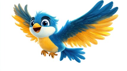 Cartoon blue and yellow bird in flight