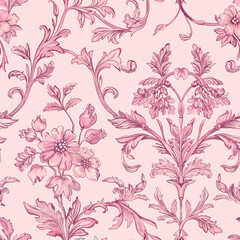 Pink Toile De Jouy Vintage Floral Seamless Pattern 01. Elegant Vector Graphics Print design