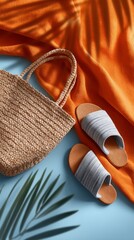 A flatlay arrangement of beach essentials features chic sandals, a woven tote bag, and a colorful towel, perfect for a sunny day by the shore. Enjoy the summer vibes!