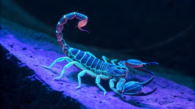 An emperor scorpion with a crystalline tail under ultraviolet light, glowing details, dramatic macro shot