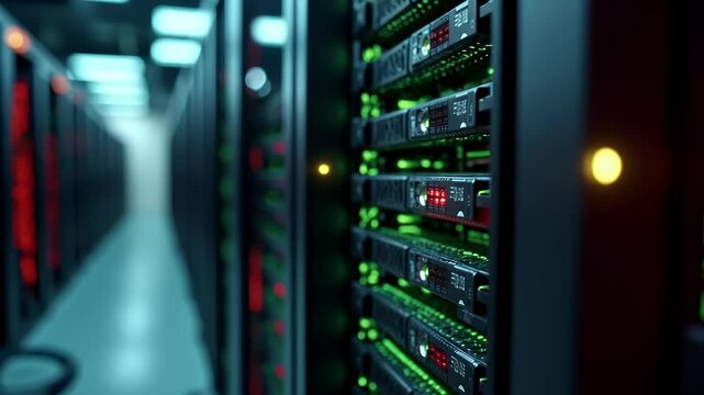 Data center servers are running with green lights.