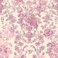 Pink Toile De Jouy Vintage Floral Seamless Pattern 02. Elegant Vector Graphics Print design