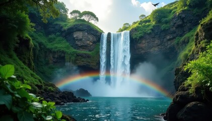 Rainbow arcing over lush Kauai waterfall, bird in flight , mountain, forest, avian