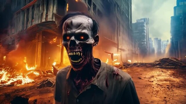 Blutverschmierter Zombie mit leerem Blick vor brennender Stra&szlig;enszene