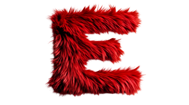 A vibrant red furry letter e against a stark black backdrop creating a bold and textured visual element isolated on transparent background