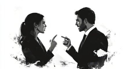 black and white business couple arguing black and white style illustration , no logos, no brands