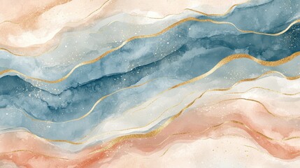 Obraz premium Watercolor art background vector. Wallpaper design with paint brush and gold line art. Earth tone blue, pink, ivory, beige watercolor Illustration for prints, wall art, cover and invitation cards. il