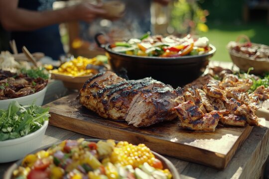 Freshly cooked barbecue feast shared among friends in a sunny backyard gathering during late afternoon, Freshly cooked food from the bbq is served to friends at outdoor party