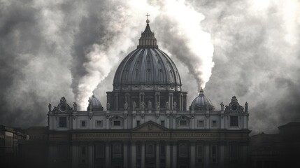 Fototapeta premium White smoke rises from the chapel chimney, indicating the successful election of a new pope during the papal conclave.