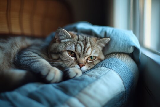 Cute Scottish fold kitten relaxing on a cozy bed by the window in the afternoon light, Cute Scottish fold kitten at home