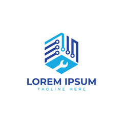 Technology repair logo design hexagon circuit wrench tool for tech business and startup