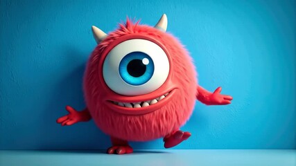 Furry, friendly monster with a large eye, against a vibrant blue background