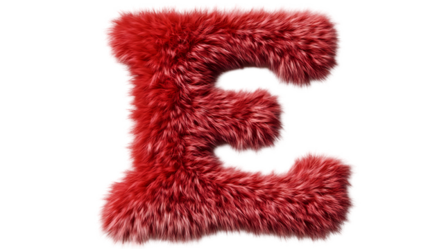 A fluffy red letter e with a soft texture and a black background in a studio shot close up view isolated on transparent background