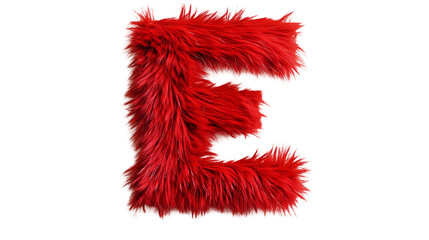 A vividly red furry letter e displayed against a stark black backdrop in a studio setting isolated on transparent background