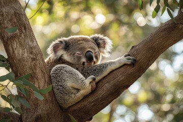 Fototapeta premium Koala bear naps on tree branch while scratching its fur in a peaceful forest setting, Koala bear scratches fur and takes a nap on tree branch of Australia forest