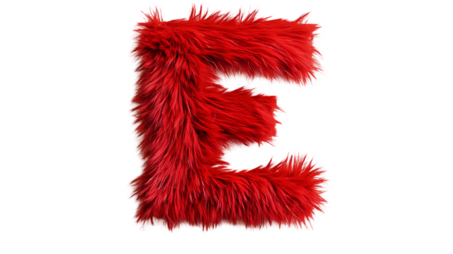 A vividly red furry letter e displayed against a stark black backdrop in a studio setting isolated on transparent background