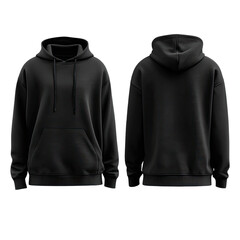 Plain black hoodie, front and back views.  Features a drawstring hood, kangaroo pocket, and long sleeves