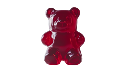 A single red gummy bear isolated on a black background in a studio setting with soft lighting isolated on transparent background