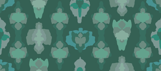 Seamless hand drawn abstract strange cute imaginary foliage shapes pattern in green, tribal and ethnic block print background, simple and creative graphic for textile, decoration, carpet © Dear Reader