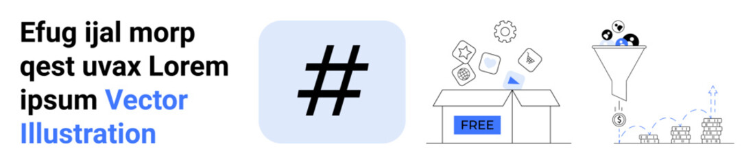 metadata tag icon, open box with free content, data funnel filtering icons, and profit graph growth. Ideal for marketing, social media, content delivery, e-commerce, data analysis customer