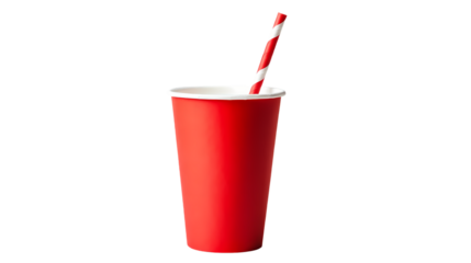 A red disposable cup with a white rim and a red and white striped straw on a black background isolated on transparent background