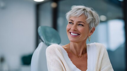 Mature woman with perfect white teeth smiling in a dental office. Adult female patient showing happy and healthy smile. Dental care concept.