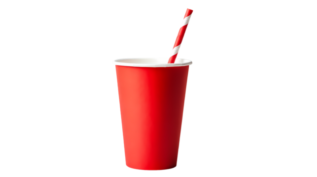 A red disposable cup with a white rim and a red and white striped straw on a black background isolated on transparent background - Powered by Adobe