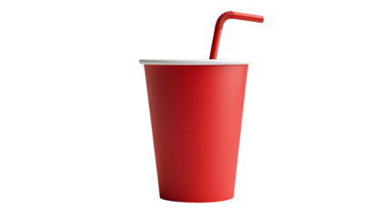 A red paper cup with a white lid and a red straw on a black background in a studio setting isolated on transparent background