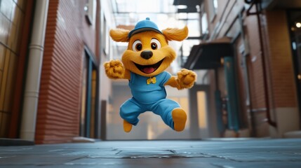 Animated dog character jumping in an alleyway