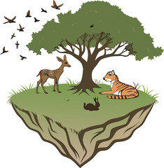 Magical Floating Island with Wildlife in a Dreamy Fantasy Landscape