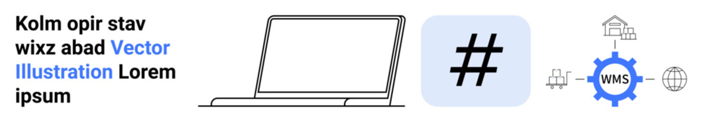 Laptop image, metadata tag symbol, and WMS gear connecting global shipping, logistics, and management. Ideal for technology, supply chain, productivity, communication automation networking simple