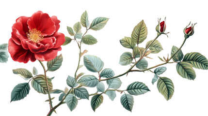 Obraz premium A detailed botanical illustration of a red rose with buds and green leaves isolated on transparent background