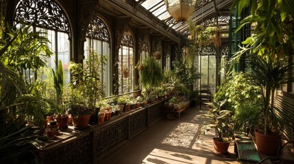 Sun-Drenched Conservatory Ornate Ironwork, Lush Greenery, Victorian Greenhouse, Botanical Garden Conservatory, Greenhouse