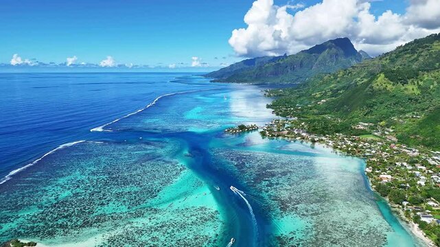Drone Tahiti. Aerial Moorea island, view of clear water lagoon, boats and tours in French Polynesia. Exotic travel vacation getaway, Famous tourism romantic honeymoon destination. 